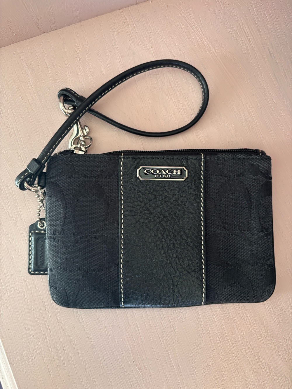 Coach Black Signature Leather Trim Wristlet with Silver Hardware